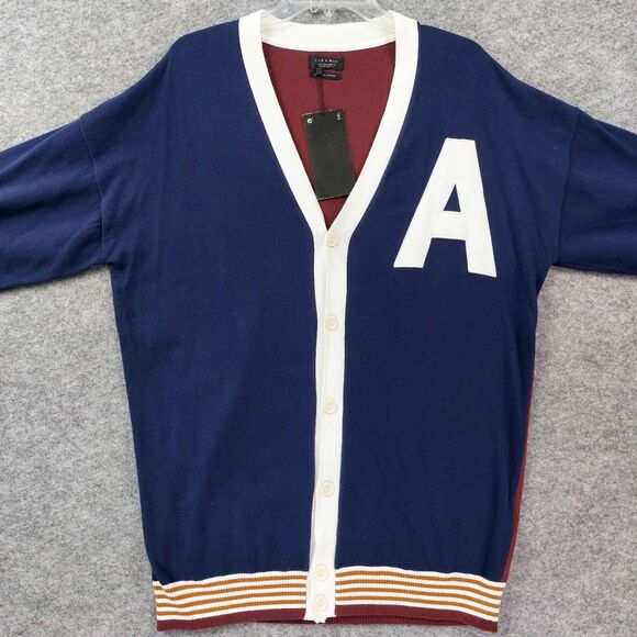 ZARA MAN Varsity Letter Cardigan Large Navy Blue Burgundy Colorblock Sweater - Picture 9 of 10